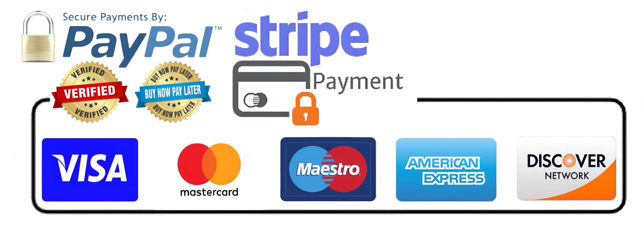 Secure payments by PayPal, Stripe, Visa, Mastercard, Maestro, American Express and Discover